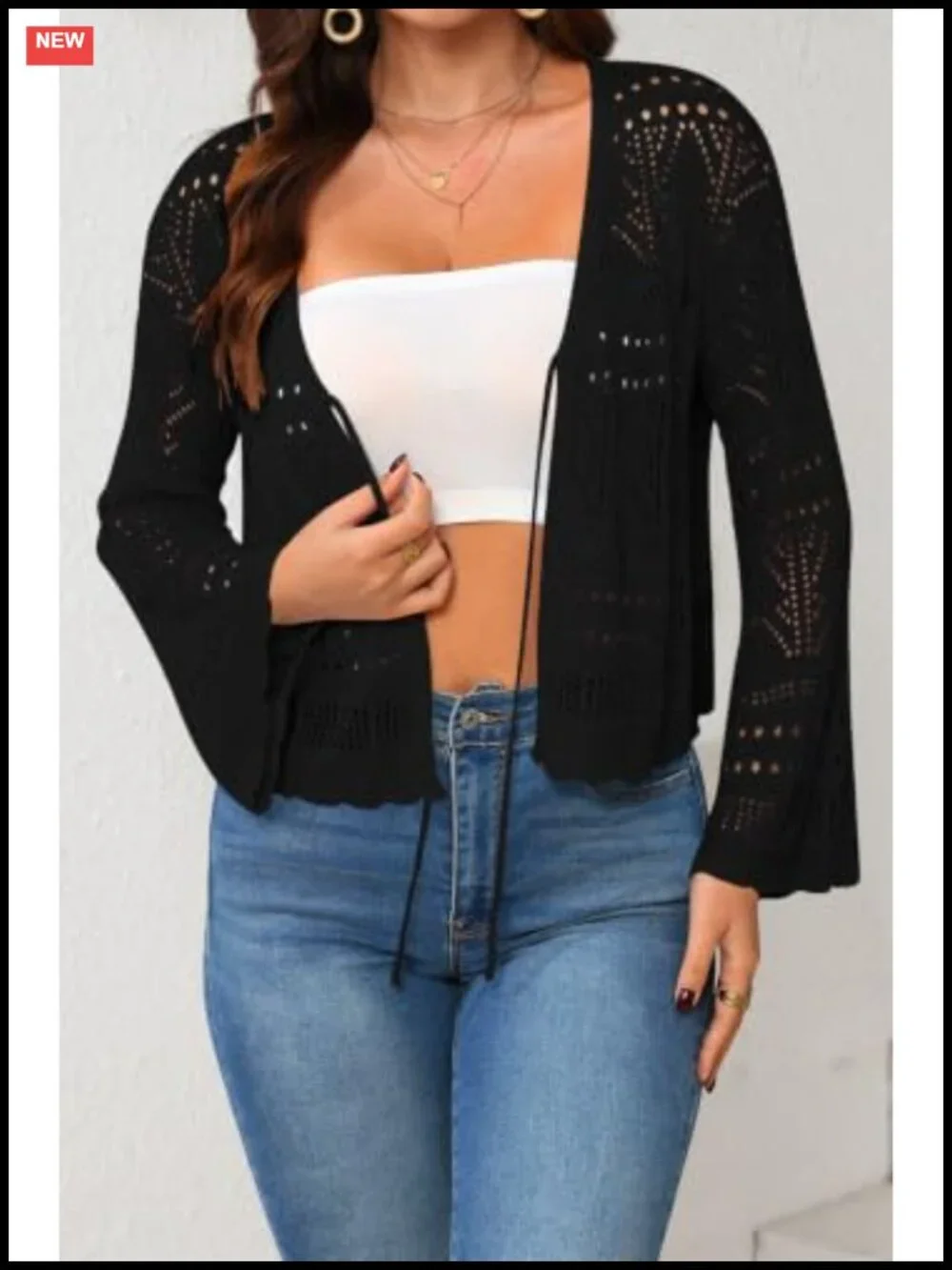 Crochet Cropped Cardigan Tie Front Shrug Sweater Bell Sleeve Boho Knit